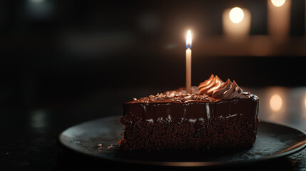 A slice of chocolate cake with a candle on a black plate in a dimly lit environment for celebration