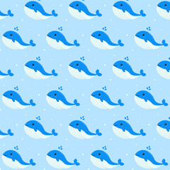 Fototapeta premium Little whale seamless pattern.Repeat pattern with cute smiling blue whales isolated on light blue background.Vector graphic illustration.Aquatic animal swimming in summer.