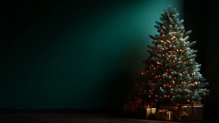 A beautifully decorated christmas tree embellish with gifts and set against a gullible wall.