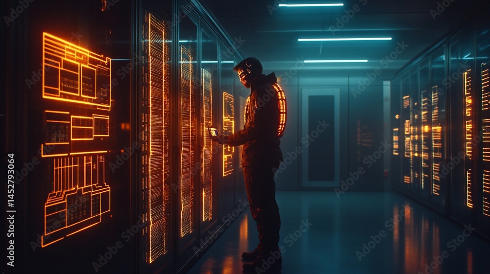 Poster data center technician inspecting servers with glowing code on panels