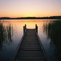 Obraz premium Serene Lake Pier at Golden Twilight