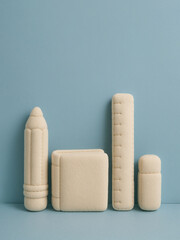 Back to school minimalist set of ivory-colored plush educational toys on blue background. The set includes a soft, fabric pencil, notepad, ruler and eraser.