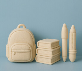Back to school minimalist set of ivory-colored plush educational toys on blue background. The set includes a soft, fabric pencil and pen, backpack and stack of books.