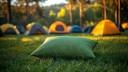Camping pillow on grass, tents in sunset forest background, relaxing