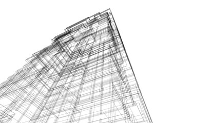 Architectural building 3d drawing on white background