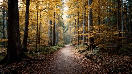 Obraz premium Tranquil path amidst the autumnal forest canopy with sunlight breaking through
