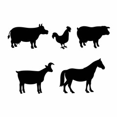 Vector art of silhouette of farm animals including cow, chicken, pig, goat, and horse isolated on white background for agricultural or rural themed designs