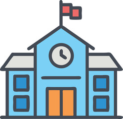 school building with clock and flag flat icon