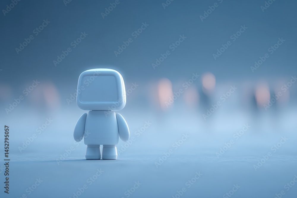 Poster isolated humanoid robot is displayed at forefront and positioned to one side providing ample room fo