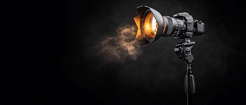 DSLR camera on tripod, lens glowing with smoke effect