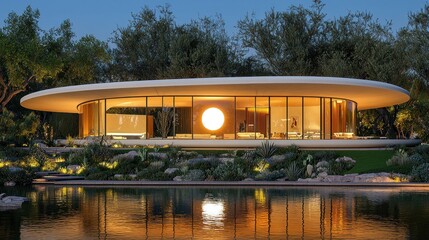 Modern oval home evening exterior