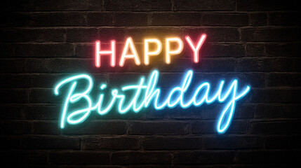 Obraz premium Happy birthday neon sign glowing on a dark brick wall creating a festive and celebratory mood