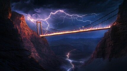 A suspension bridge stretching into a storm-filled canyon