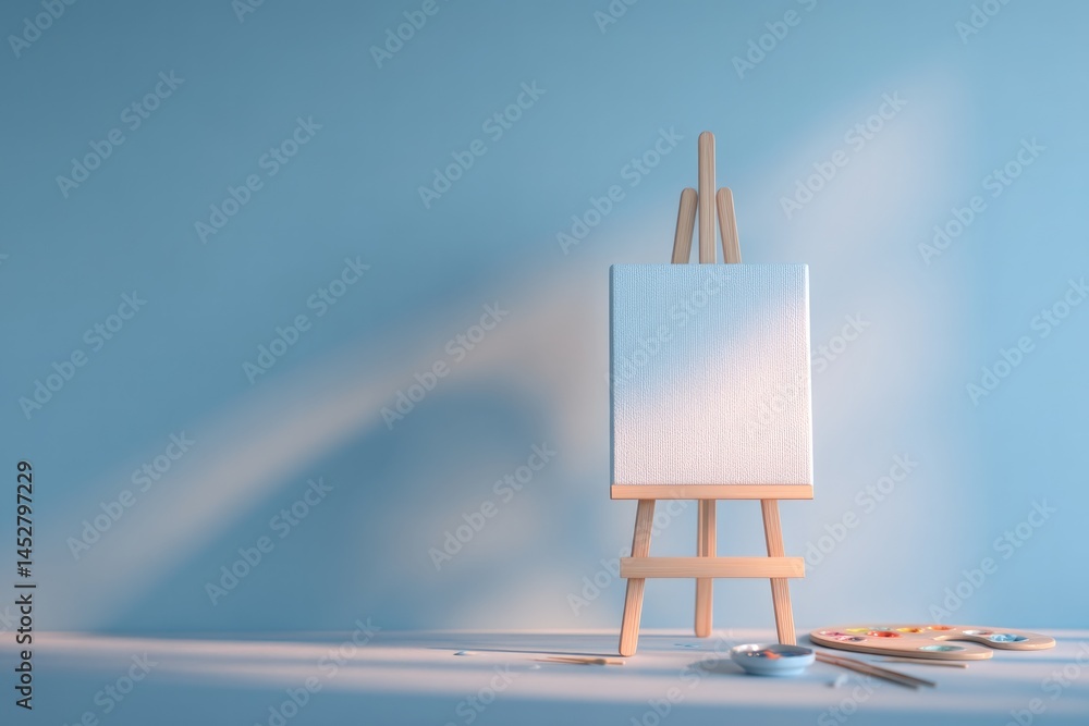 Poster canvas brushes and easel in artist teaching studio bathed in soft natural light clean image with amp
