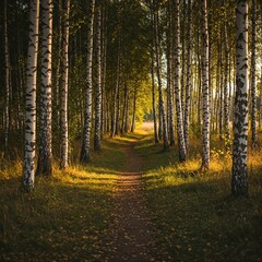 Obraz premium Peaceful Walk Among Tall Birch Trees