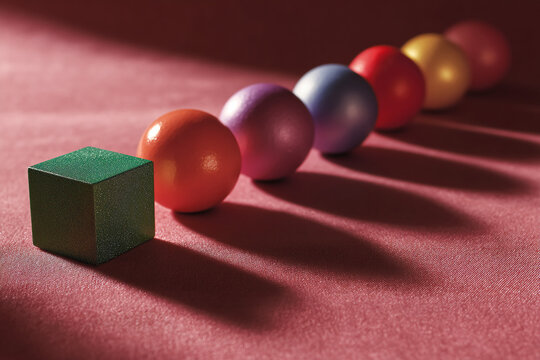 Green cube and colorful spheres on maroon surface, showcasing a minimalist product display, ideal for branding or advertisement purposes