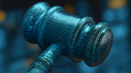 Close-up of a digital gavel, rendered in a blue wireframe grid, symbolizes online justice, digital law, or technological legal processes