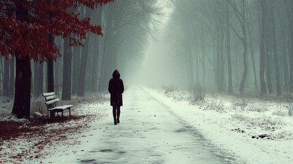 Winter walk in forest path