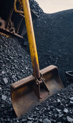 A yellow shovel sits atop a heap of coal, ready for use