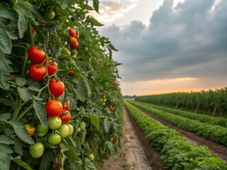 Tomato field with ripe tomatoes 