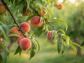 Peach tree with ripe peaches on branch