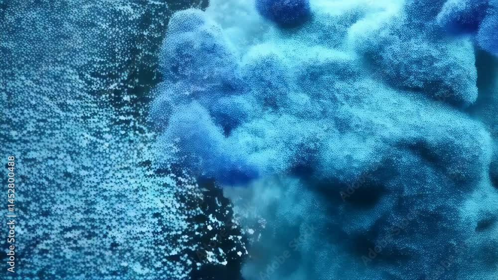 Poster abstract blue flowing sphere particles cloud formation, creating a dynamic and textured artistic bac
