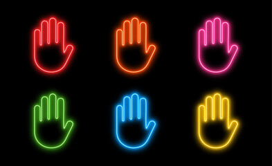 Multi colors glowing neon hand stop gesture icons, symbols for prohibition warning, access denied signs, no thanks icon, stop, vector