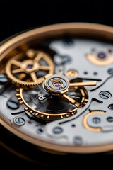 Intricate watch mechanism showcasing gears, screws, and a balance wheel. Precise engineering and craftsmanship are visible in this close-up view.