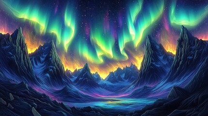 Aurora Borealis over a Fantasy Mountain Range