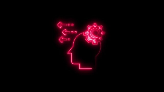 Animated neon illustration of brain functioning with cogs and arrow elements