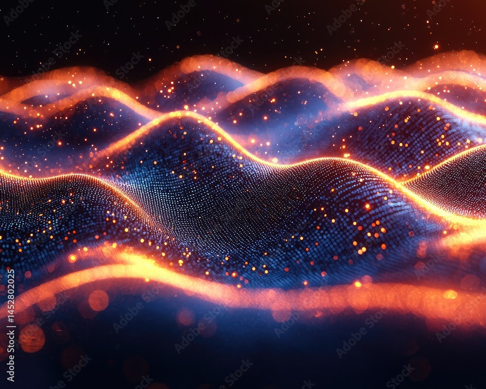 Poster abstract wave patterns with glowing lights and textures in a digital landscape