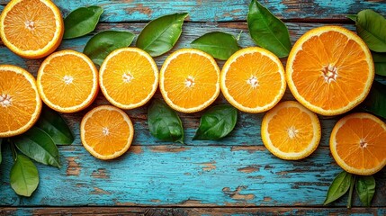 Sliced oranges on vibrant blue wooden surface