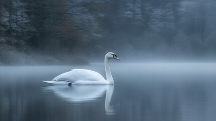 Obraz premium Solitary swan gracefully swimming in a foggy lake during early morning serenity