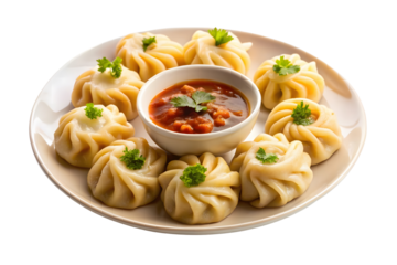 A Nepalese Momo dumpling plate with dipping sauce, isolated on a transparent background.