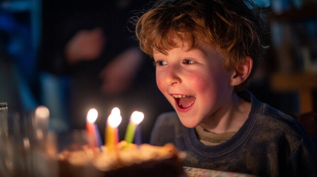 A young boy with curly red hair excitedly looking at a birthday cake with lit candles on top of it