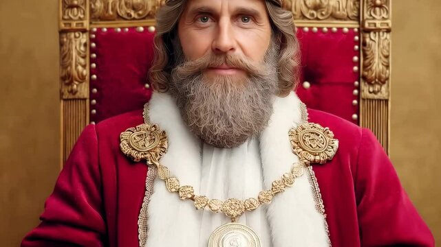 Portrait of a king with gray hair and beard wearing a crown and royal robes, sitting on his throne, with a neutral and confident expression