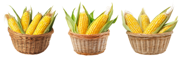 Set of Realistic photo of fresh yellow corn cobs arranged neatly in a woven wicker basket on transparent png background. Ai generated