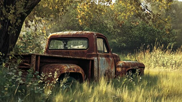 Rusted truck in overgrown field with shifting light and nature's embrace