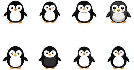 A cute cartoon penguin family with hats enjoys winter snow, a funny vector illustration set against a white background
