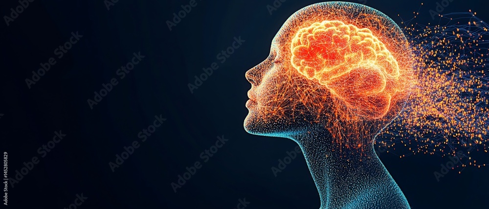 Aufkleber glowing human head with visible brain activity and particle dispersal effect
