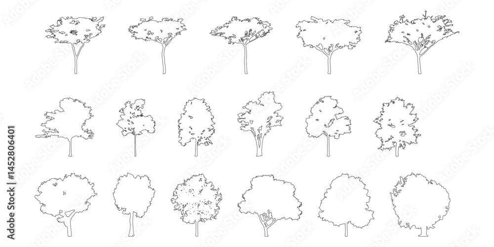 Poster silhouette tree line drawing set, Side view, set of graphics trees elements outline symbol for architecture and landscape design drawing. Vector illustration in stroke fill in white. Tropical