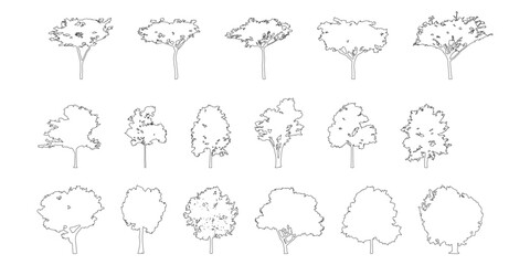 silhouette tree line drawing set, Side view, set of graphics trees elements outline symbol for architecture and landscape design drawing. Vector illustration in stroke fill in white. Tropical