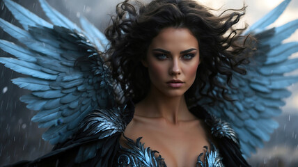 Ai-generated dark angel with blue wings in the storm. Blue-winged fantasy goddess.