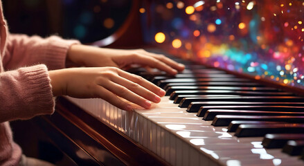 Ai-generated musician's hands on glossy piano keys against multi-colored bokeh background.