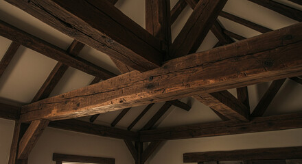 Architectural detail featuring a complex wooden beam ceiling structure
