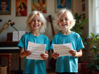 Ai-generated smiling blond twins holding musical notes during music lesson.