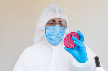 Examine bacteria in petri dishes in the laboratory. Selective focus.
