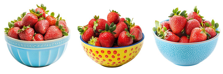 Set of Fresh strawberries in a white ceramic bowl on a rustic wooden table on transparent png background. Ai generated