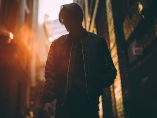 Black bomber jacket mockup worn by male model walking through city alley, cinematic tone