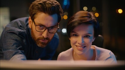 Caucasian business man boss come check project work woman smiling co-workers girl guy businesswoman...